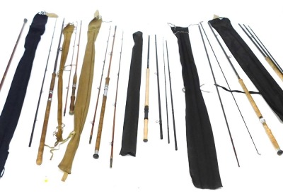 A group of fishing tackle, to include a split cane long spinning rod, Hardy's rod, and a Bruce Walker spinner. (a quantity)