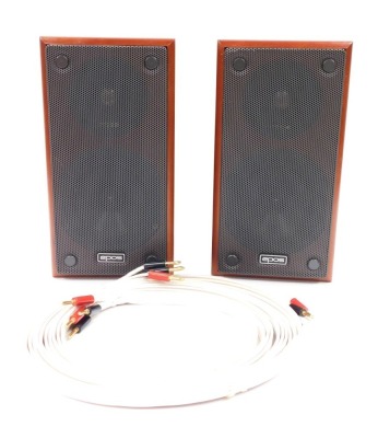 A pair of EPOS M5 bookshelf speakers, each in a teak case, serial no 0601-01206. 36cm high, 18cm wide, 23cm deep, with QED cabling.