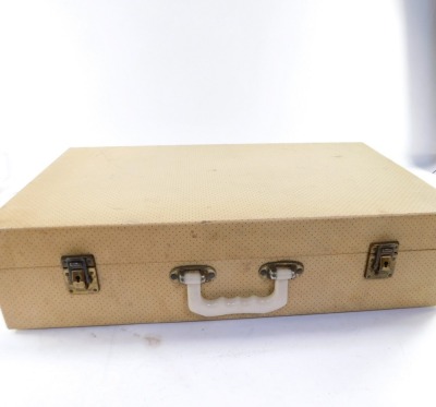 A Brexton picnic hamper, in cream spotted case, with brass buckles and supports, with plastics pots and ceramic plates, possibly incomplete, 58cm wide, 43cm deep. - 2