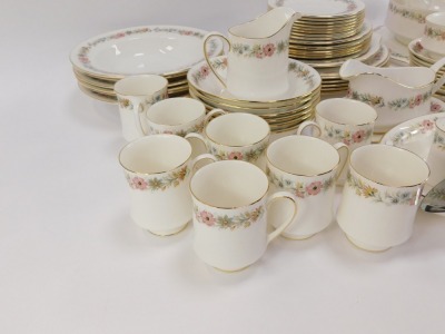 A Paragon China part tea and dinner service decorated in the Belinda pattern, comprising teapot, breakfast stand, serving bowl, serving plate, oval serving dish, six large dinner plates, six soup bowls, six dessert bowls, six side plates, six cake plates, - 4