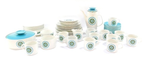 A J & G Meakin Capri pattern pottery part coffee and dinner service, comprising coffee pot, service tureen, cups and saucers, milk jug, sugar bowl, gravy boat, cake plate, six bowls, etc. (a quantity)