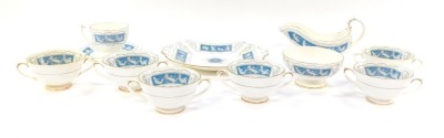 A Coalport Revelry pattern porcelain part service, to include bread plate, gravy boat, sugar bowl, tea and soup cups and a saucer.