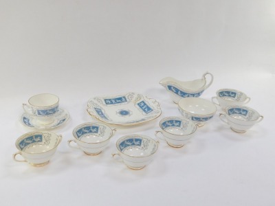 A Coalport Revelry pattern porcelain part service, to include bread plate, gravy boat, sugar bowl, tea and soup cups and a saucer. - 2