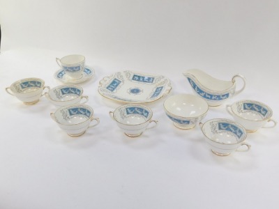 A Coalport Revelry pattern porcelain part service, to include bread plate, gravy boat, sugar bowl, tea and soup cups and a saucer. - 3