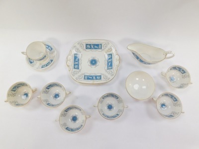 A Coalport Revelry pattern porcelain part service, to include bread plate, gravy boat, sugar bowl, tea and soup cups and a saucer. - 4