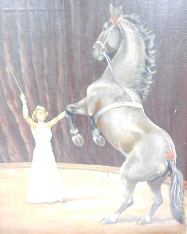 John J Perring. Training a Circus Horse, oil on canvas, signed, 49.5cm x 39.5cm. (AF)