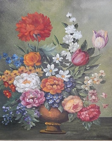 20thC School. Floral still life, vase of flowers, oil on canvas, signed indistinctly, in cream plaster frame, 59cm x 49cm.