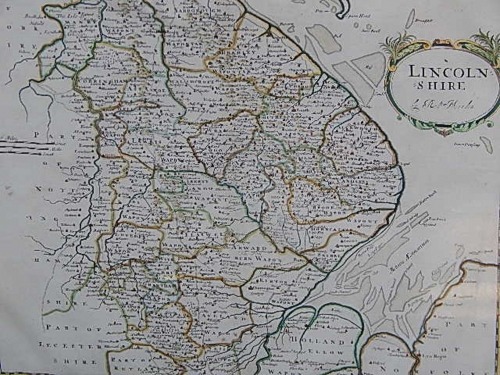 After Robert Morden. A late 20thC coloured map of Lincolnshire, 37cm x 42cm.