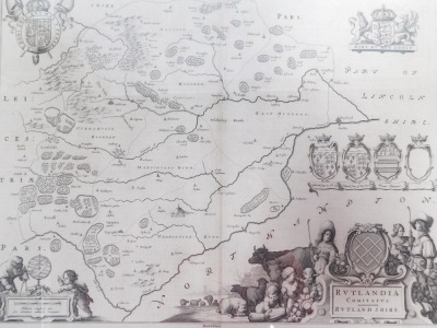 After John Speede. Two framed maps of Rutland, each 38cm x 48cm, the second by Bleau, both in modern frames. (2) - 2