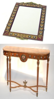 A Continental pier table and wall mirror, the French style marble top hall table, with rounded corners on walnut base, with Limoges type plaques and urn finial base, 76cm high, 95cm wide, 31cm deep, (AF), the rectangular mirror plate on a mahogany surroun