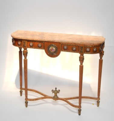 A Continental pier table and wall mirror, the French style marble top hall table, with rounded corners on walnut base, with Limoges type plaques and urn finial base, 76cm high, 95cm wide, 31cm deep, (AF), the rectangular mirror plate on a mahogany surroun - 3