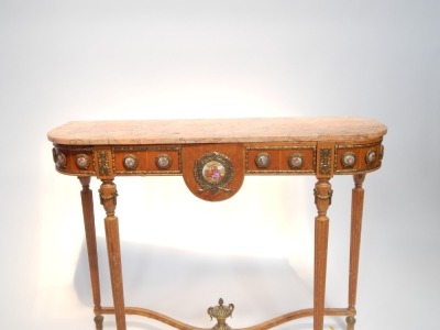 A Continental pier table and wall mirror, the French style marble top hall table, with rounded corners on walnut base, with Limoges type plaques and urn finial base, 76cm high, 95cm wide, 31cm deep, (AF), the rectangular mirror plate on a mahogany surroun - 6