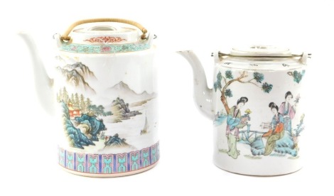 Two Chinese teapots, comprising an early 20thC example with painted figures and lid with Oriental writing, 16cm high, and another with a famille rose landscape decoration, 18cm high. (2)