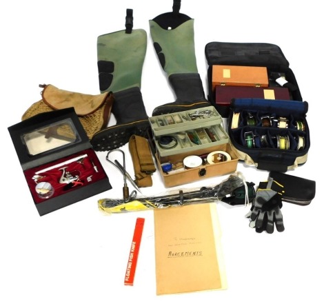 A group of fishing tackle, landing net, fly ties, part rods, fishing boxes, a pair of waders, etc. (1 box)