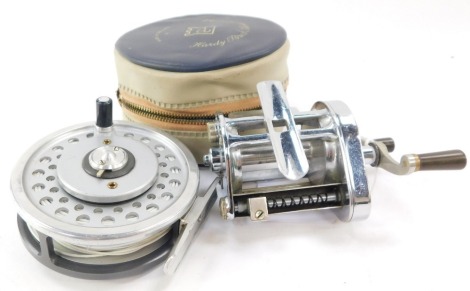 A Hardy Brothers Elarex multiplier fishing reel, together with a Hardy Marquis 7 3 1/8" pin fishing reel, cased. (2)