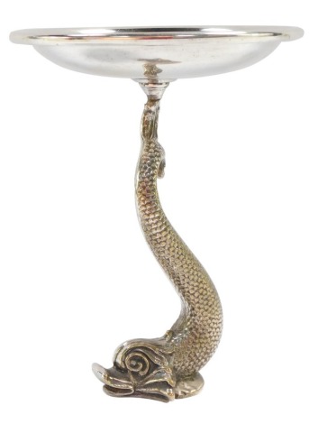 A Cutajer Works Malta silver plated epergne stand, with stylised dolphin column and circular rose bowl, 23cm high.