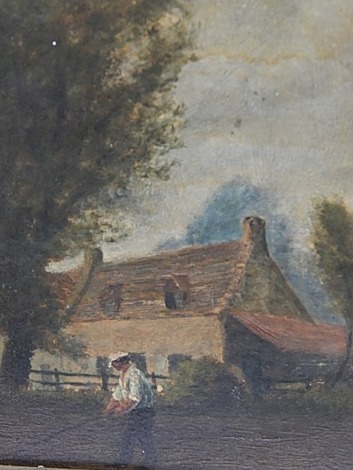 19thC School. Cottage farming scene, with reverse label W H Wood 1889, oil on board, 19cm x 13.5cm, in gilt frame.