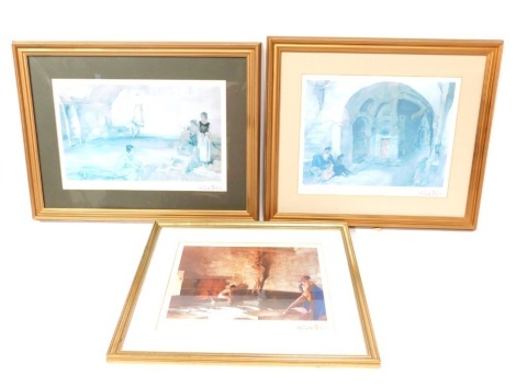 After Sir William Russell Flint. Three facsimile signed prints, titled 'The Unexplored City', 'Nancy and Maria and Simone', and 'Gossip in a Provincial Wood Bolt', in gilt frames. (3)