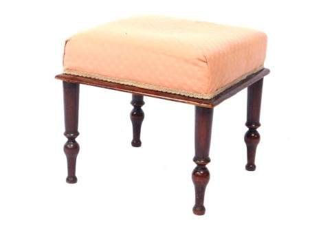 A Victorian mahogany footstool, mahogany square set base with pink floral cushion, 42cm high, 48cm x 48cm top.