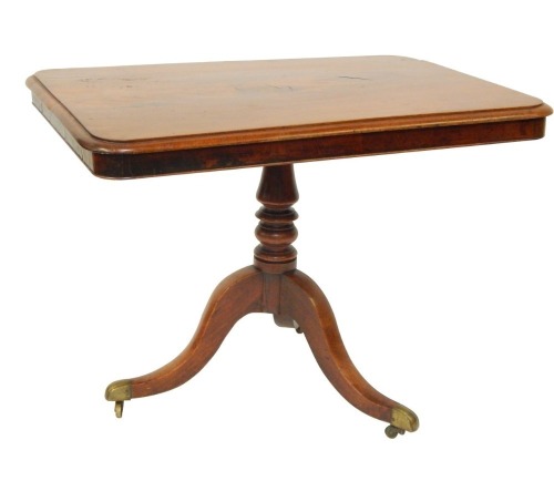 A 19thC mahogany tea table, with moulded snap top on a tripod base, 72cm high, 90cm wide, 72cm deep,