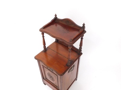 An early 20thC mahogany purdonium, with raised gallery shelf, and cupboard base with carved door, terminating in castors, 91cm high, 39cm wide, 36cm deep. - 2