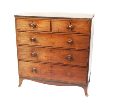 A 19thC mahogany chest, of two short and three long drawers, on out splayed legs, 105cm high, 101cm wide, 47cm deep.