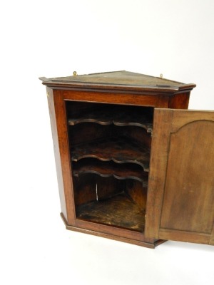 An 18thC oak hanging corner cupboard, with single trunk door with panel section, with brass hinges and escutcheon, 92cm high, 72cm wide, 50cm deep. - 3