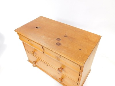 A Victorian stripped pine chest, of two moulded cushion drawers and two long drawers, on turned feet, 81cm, 93cm wide, 46cm deep. - 2