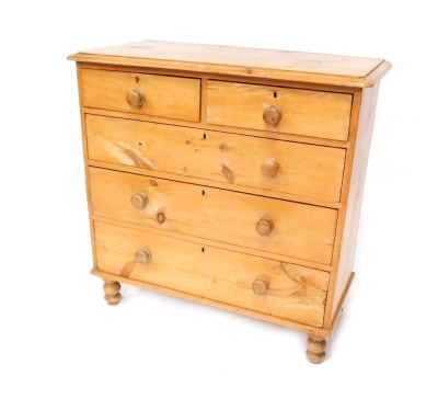 A Victorian stripped pine chest, of two short and three long drawers, with knob handles, on turned feet, 98cm high, 96cm wide, 48cm deep. (AF)