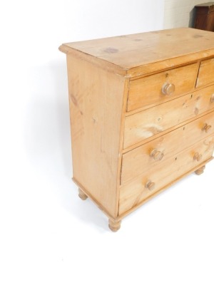 A Victorian stripped pine chest, of two short and three long drawers, with knob handles, on turned feet, 98cm high, 96cm wide, 48cm deep. (AF) - 3