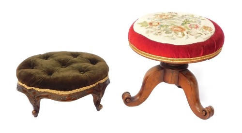 Two mahogany stools, comprising a Victorian mahogany piano stool with floral embroidered top, 30cm high, and an oval crested example, 30cm high. (2)