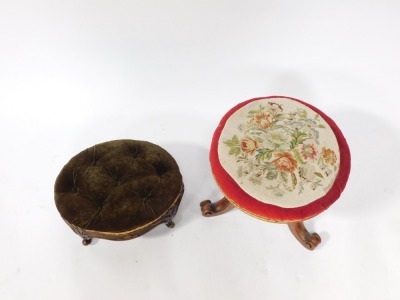 Two mahogany stools, comprising a Victorian mahogany piano stool with floral embroidered top, 30cm high, and an oval crested example, 30cm high. (2) - 2