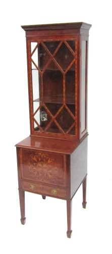 A Georgian mahogany and inlaid display cabinet, with moulded cornice top, with rosewood banded astragal door, two shelves, with marquetry cupboard and single drawer base, on dart moulded legs, 163cm high, 47cm wide, 48cm deep.