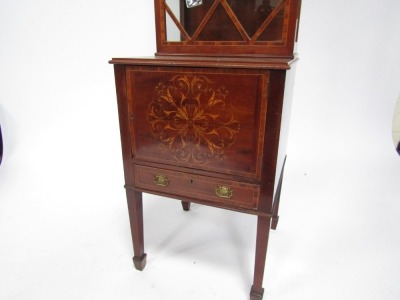 A Georgian mahogany and inlaid display cabinet, with moulded cornice top, with rosewood banded astragal door, two shelves, with marquetry cupboard and single drawer base, on dart moulded legs, 163cm high, 47cm wide, 48cm deep. - 3