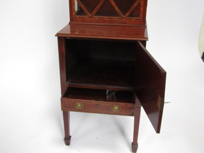 A Georgian mahogany and inlaid display cabinet, with moulded cornice top, with rosewood banded astragal door, two shelves, with marquetry cupboard and single drawer base, on dart moulded legs, 163cm high, 47cm wide, 48cm deep. - 4