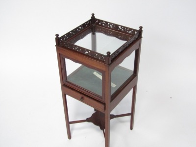 A Georgian mahogany night table converted to a bijouterie cabinet, the square set top with glass sides, with a fret gallery, parquetry inlaid under tier, on taper legs, 80cm high, the top 33cm square. - 2