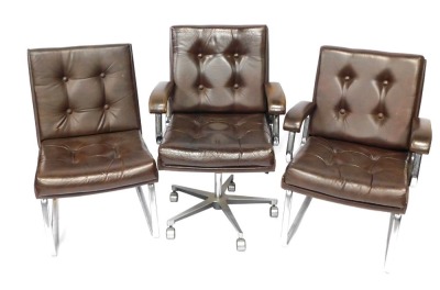 Three chrome and brown leatherette office chairs, comprising one swivel office chair, and a carver reception chair. (3)