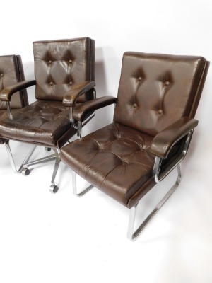 Three chrome and brown leatherette office chairs, comprising one swivel office chair, and a carver reception chair. (3) - 2