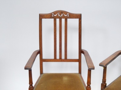 A pair of Edwardian carved oak carver chairs, with turned legs, 105cm high. - 2