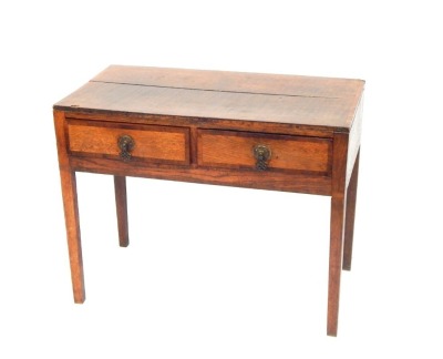 A 19thC oak side table, with parquetry banded detail, later replacement handles, on tapered legs, possibly shortened, 62cm high, 80cm wide, 41cm deep.