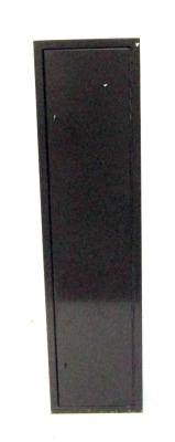 A brown metal gun cabinet, with key, 150cm high, 38cm wide, 25cm deep.