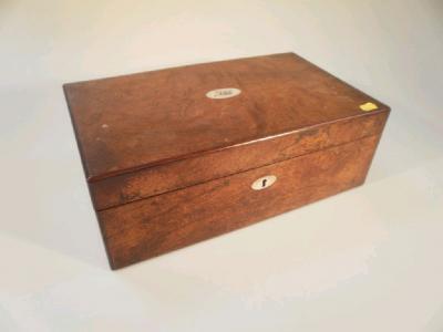 A 19thC rosewood writing slope with mother of pearl cartouche engraved