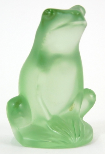 A 20thC Lalique green glass figure frog, script mark, 6cm high.