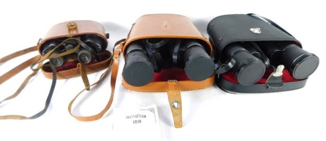 Three pairs of binoculars, comprising +10x50 binoculars, boxed, Byra 10x50, and a pair of Carl Muller Olympic 8x40 binoculars, boxed. (3)