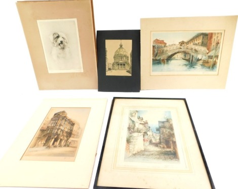 A group of 19thC and later etchings and watercolours, comprising After The Academy of Art, Nelson House, Birmingham, Scruffy The Dog, Marble Arch, Copenhagen, G Shaplock, 1929, Venetian street scene, Historic Buildings and English Pubs, one frame, remaind