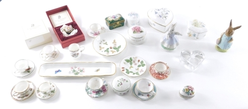 Various miniature china, Beatrix Potter Mrs Flopsy Bunny, 12cm high, miniature Coalport Willow saucer, Wedgwood miniature Wild Strawberry pattern cup saucer and plate, French enamel box decorated with flowers, further Crown Staffordshire, etc. (a quantity