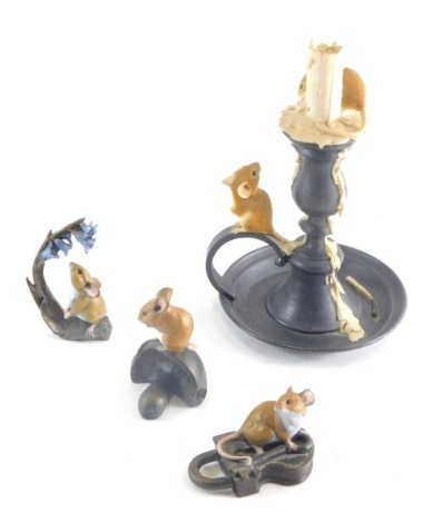 Various Sherratt and Simpson mouse figure groups, to include candlestick group, marked MS, 22cm high. (4)