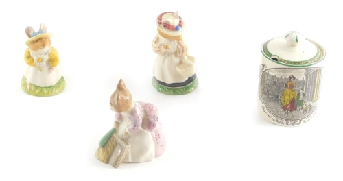 A Royal Doulton Beatrix Potter figure, Primrose Woodmouse, 9cm high, two others and an Adams preserve jar and cover.