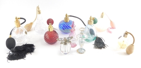 Various perfume atomizers, to include Ditchfield type, another with butterfly knop, 9cm high, various others, etc. (a quantity)