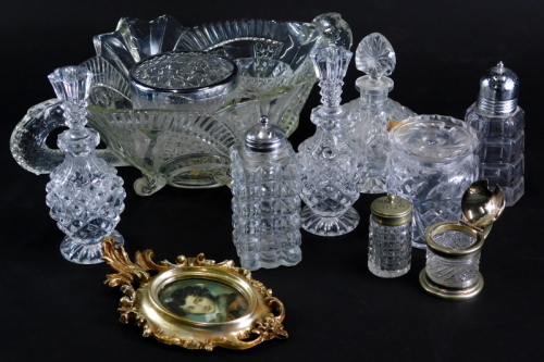 Various glassware, etc., perfume bottles, cut glassware, heavy cut glass centrepiece with dragon handles, 39cm wide, rose bowl, portrait miniature print, etc. (a quantity)